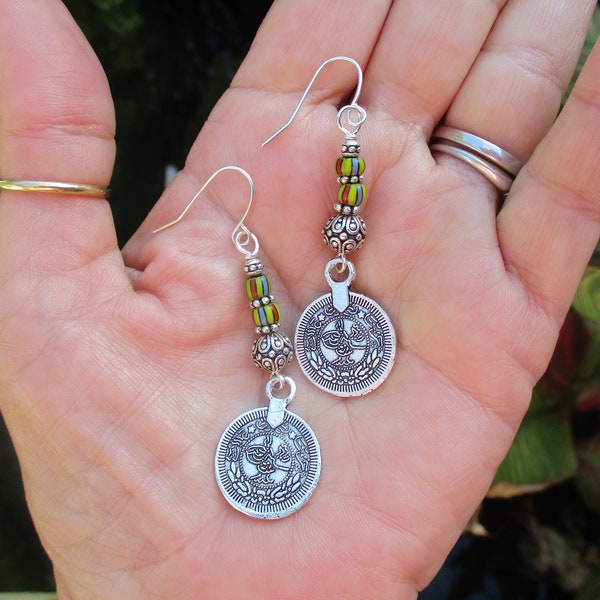 Ottoman Coin Charms on Fancy Silver Finish Bead and Trade Bead Earrings - Turkish Earrings - Trade Bead Earrings - Boho Coin Earrings