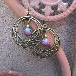 Celtic Design Hoop and Ruby Zoisite Earrings - Boho Earrings - Bohemian earrings - Celtic Earrings - Ruby Zoisite Earrings - Hippie Earrings