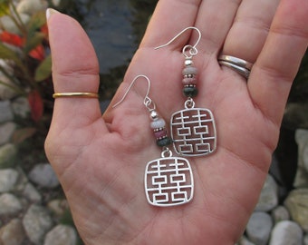 Silver Double Happiness Symbol and Tourmaline Earrings - Asian Earrings - Tourmaline Earrings - Boho Earrings - Hippie Earrings