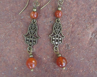 Hamsa Hand Earrings - Hand of Fatima Earrings - Hand of God Earrings - Carnelian Earrings - Boho Earrings - Carnelian Hamsa Hand Earrings