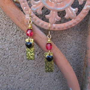 Hammered Brass Bar Earrings - Rectangle Charm Earrings - Boho Earrings - Hippie Earrings - Black Enamel Heart Charm and Brass Bar Earrings