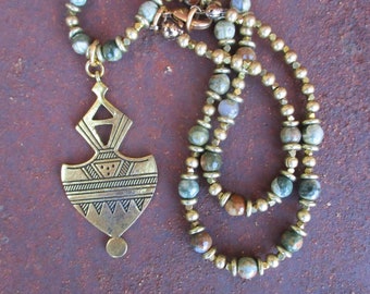 Tribal Shield Style Pendant on Rhyolite Gemstone Necklace - Ethnic Necklace - Rhyolite Beaded Necklace - Tribal Necklace