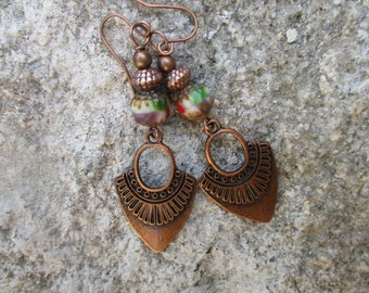 Antique Copper Ethnic Shield Boho Earrings, Candy Cane Cathedral Czech Glass Beaded Earrings - Tribal Earrings, Hippie Earrings