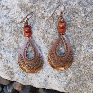 Boho Flower Design Teardrop Hoop Earrings - Bohemian Earrings - Boho Earrings - Faceted Red Creek Jasper Teardrop Hoop Earrings