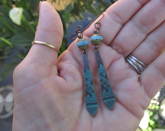 Long Linear Ethnic Verdigris Earrings - Long Boho Earrings - Czech Saturn Beaded Verdigris Charm Earrings - Boho Earrings - Hippie Earrings