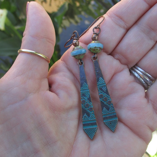 Long Linear Ethnic Verdigris Earrings - Long Boho Earrings - Czech Saturn Beaded Verdigris Charm Earrings - Boho Earrings - Hippie Earrings