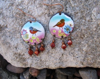 Hippie Enameled Chandelier - Enameled Bird Earrings with Czech Glass Beads - Hippie Earrings Boho Earrings - Gift for Her - Girlfriend Gift