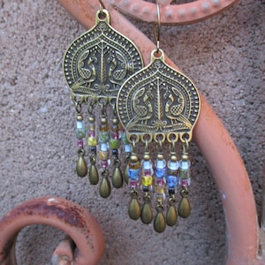 Antique Brass Moroccan Style Bird Chandelier Earrings - Hippie Chandelier Earrings - Rustic Chandelier Earrings - Ethnic Chandelier Earrings