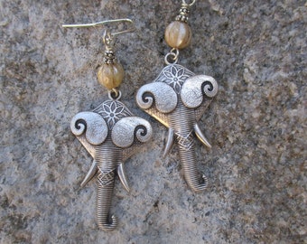 Elephant Head Earrings - Elephant Boho Earrings - Elephant Earrings - Hindu Elephant Charm Earrings - Melon Czech Bead and Elephant Earrings