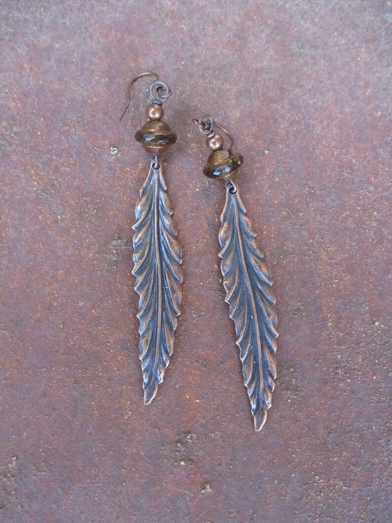 Long Copper Feather Earrings Boho Feather Earrings Faceted Etsy