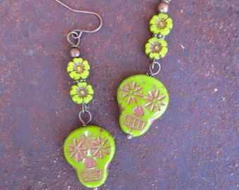Chartreuse Day of the Dead Earrings - Dia De Los Muertas Earrings - Flower and Skull Earrings - Sugar Skull  Earrings - Halloween Earrings