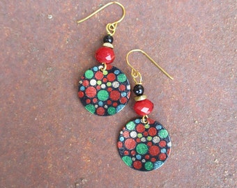 Funky Polka Dot Medallion Earrings - Polka Dot Earrings- Hippie Earrings - Colorful Polka Dot Earrings - Red Faceted and Onyx Bead Earrings