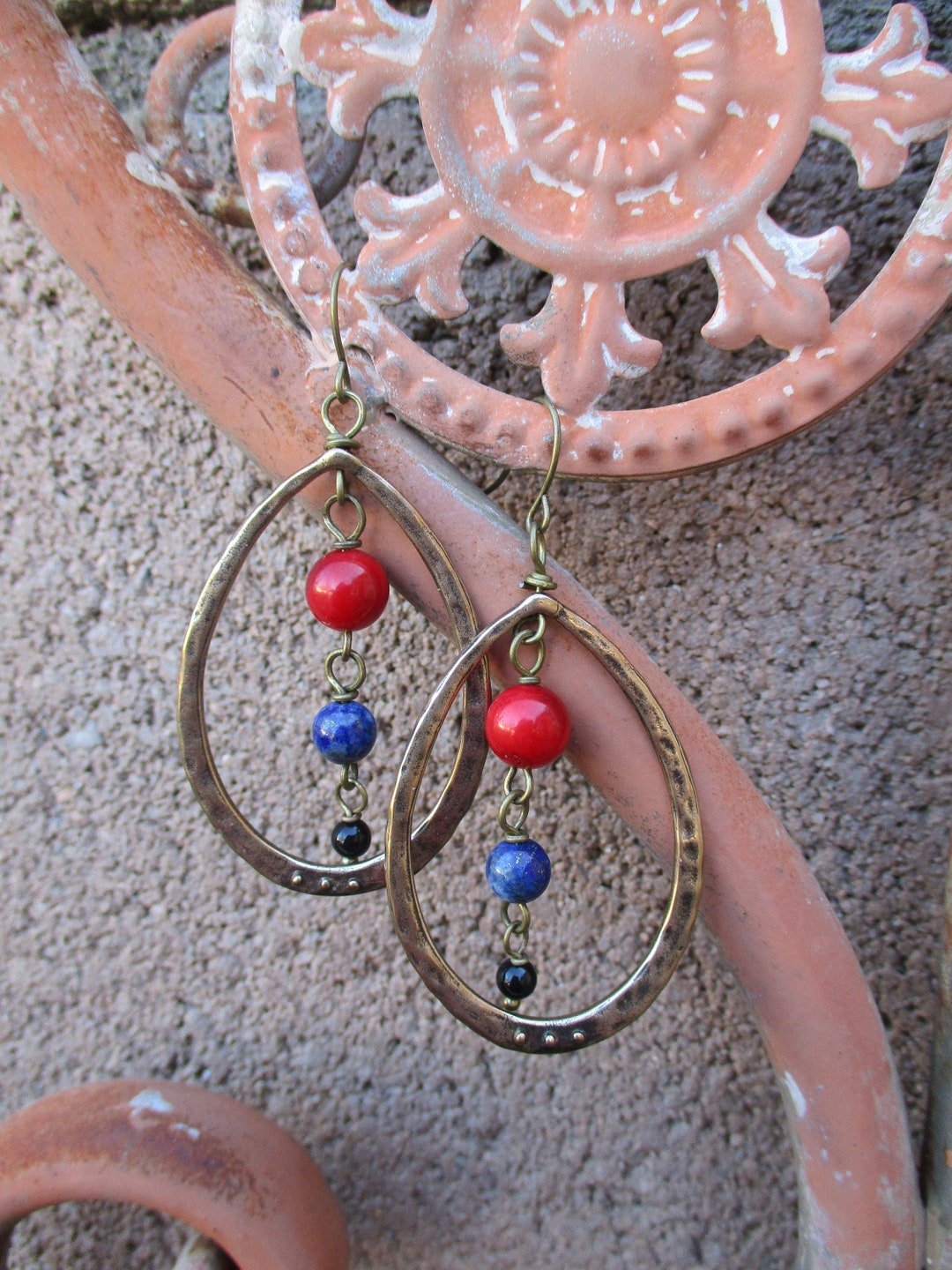 Antique Bronze Hoop Earrings With Coral Lapis Lazuli and Onyx Etsy
