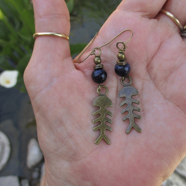 Fish Bone Earrings - Blue Sunstone and Fish Charm Earrings - Hippie Earrings - Boho Fish Earrings - Blue Goldstone Earrings - Fish Earrings