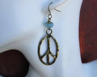 Large Antique Brass PEACE Sign Earrings on Light Blue Cruller Czech Glass Beads - Peace Sign Earrings - Peace Earrings - Hippie Earrings