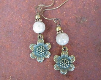 Antique Brass Verdigris Flower and Jade Earrings - Patina Flower Earrings - Jade Earrings - Flower and Jade Earrings - Hippie Earrings