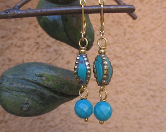 Tibetan Brass and Turquoise Inlay Beads with Faceted Turquoise Gemstones - Ethnic earrings - Hippie Earrings - Turquoise Boho Earrings