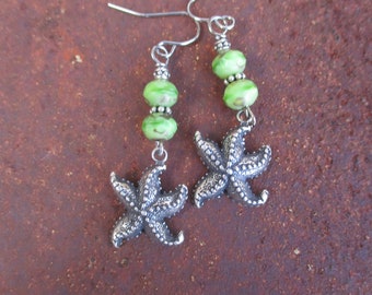 Starfish Earrings, Antique Silver Starfish Earrings, Green Czech Beaded Starfish Earrings, Gift for Her, Jewelry Gift, Beach Earrings