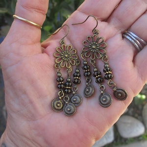 Flower Chandelier Earrings, Black and Gold Daisy Czech Beaded Chandelier Earrings, Boho Chandeliers, Hippie Chandeliers, Chandelier Earrings