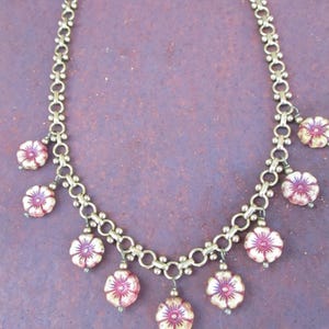 Unique Chain withCzech Bead Flower Dangles - Chain Choker - European Glass Flower Beaded Necklace - Adjustable Flower and Chain Necklace