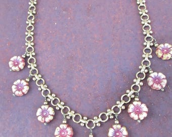 Unique Chain withCzech Bead Flower Dangles - Chain Choker - European Glass Flower Beaded Necklace - Adjustable Flower and Chain Necklace