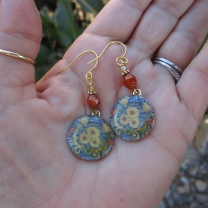 Boho Hippie Flower Resin Charm Earrings on Premium Orange Czech Glass Beads - Flower Earrings - European Glass Beaded Earrings