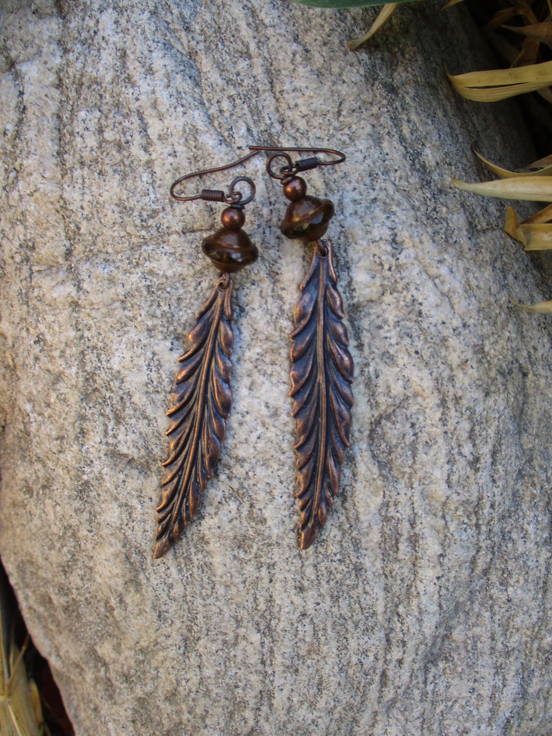 Pendientes largos de plumas de cobre Pendientes de plumas Etsy España
