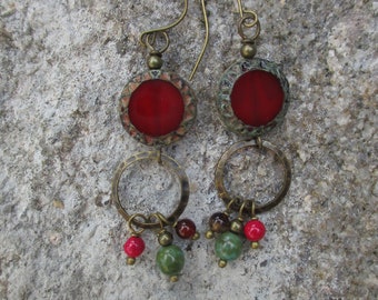 Antique Brass Hoop Earrings on Red European Glass Coin Beads, Riverstone, Agate and Czech Glass Bead dangles  - Bohemian Earrings