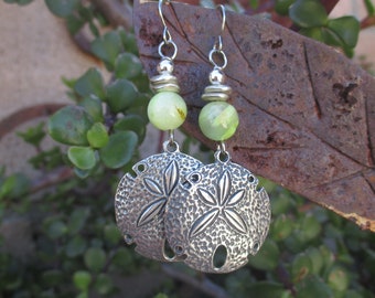 Sand Dollar Earrings - Silver Sand Dollar Charms on Green Calcite Gemstones Earrings - Calcite Earrings - Beach Earrings