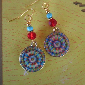 Boho Mandala Earrings - Hippie Mandala Earrings - Mandala Earrings - Tie Dye Charm Earrings - Mandala Charm Earrings - Swarovski Earrings