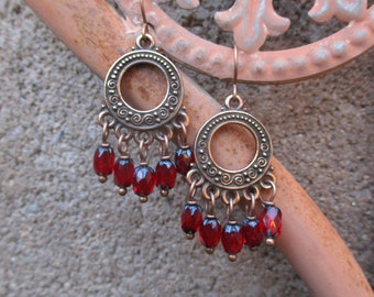 Copper Chandelier Earrings, European Glass Red Bead Chandelier Earrings, Hippie Chandeliers, Czech Bead Chandelier Earrings, Boho Earrings