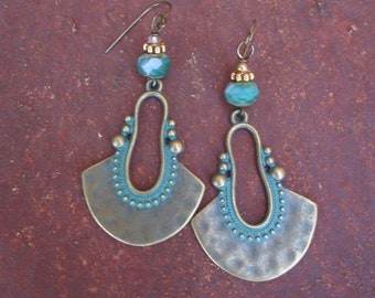 Antique Brass Verdigris Crescent Pendant Earrings - Tribal Earrings - Ethnic Earrings - Long Brass Verdigris Earrings - Boho Earrings