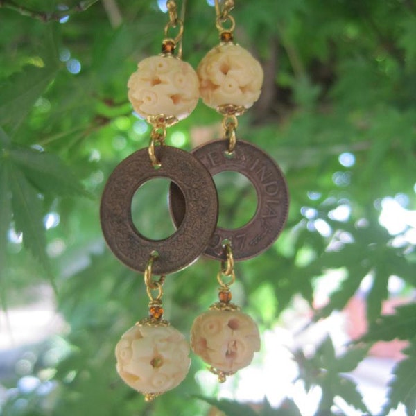 Rustic Bohemian Vintage Coins from India and Carved Bone Long Earrings