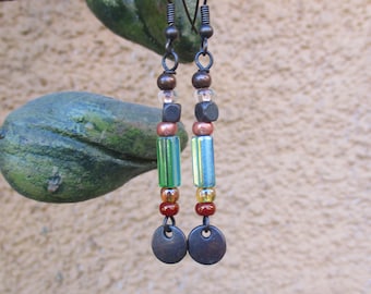 Boho Dangle Earrings, Linear Earrings, Hippie Earrings, Bohemian Earrings, Boho Earrings, Aurora Borealis Green and Copper Earrings