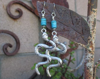 Silver Finish Snake Charms on Turquoise Rondelles Earrings - Snake Earrings - Turquoise Earrings - Hippie Earrings - Boho Snake Earrings