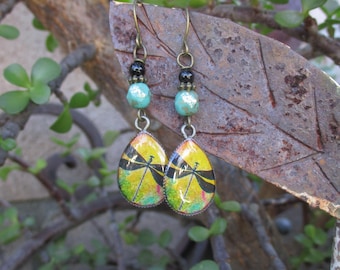 Dragonfly Resin Charm Earrings - Dragonfly Earrings - Boho Earrings - Hippie Earrings - Czech Glass Bead and and Onyx Dragonfly Earrings