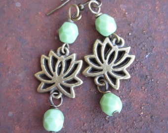 Brass Lotus Flower Earrings - Green Beaded Lotus Charm Earrings - Lotus Earrings - Flower Earrings - Bohemian Earrings - Hippie Earrings