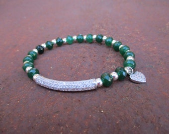 Pave Shambhala Tube and Green Quartz Bracelet - Crystal Tube Bracelet - Micro Pave Heart Charm Green Quartz Bracelet - Boho Chic Bracelet