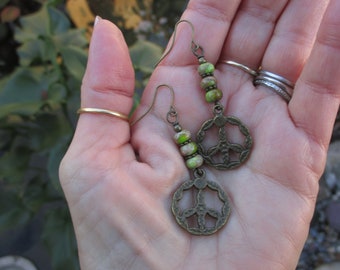 PEACE Sign Earrings on Green Serpentine Jasper Rondellel Beads, Peace Sign Earrings, Bronze Finish Peace Sign Earrings, Hippie Earrings