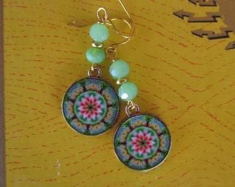 Colorful Boho Mandala Earrings - Flower Mandala Earrings - Mandala Earrings - Mandala Charm Earrings - Green Beaded Mandala Charm Earrings