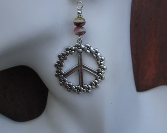 Large Silver Finish Peace Sign Earrings - Peace Sign Earrings - Czech Beaded Peace Sign Earrings - Hippie Czech Bead Flower Peace Earrings