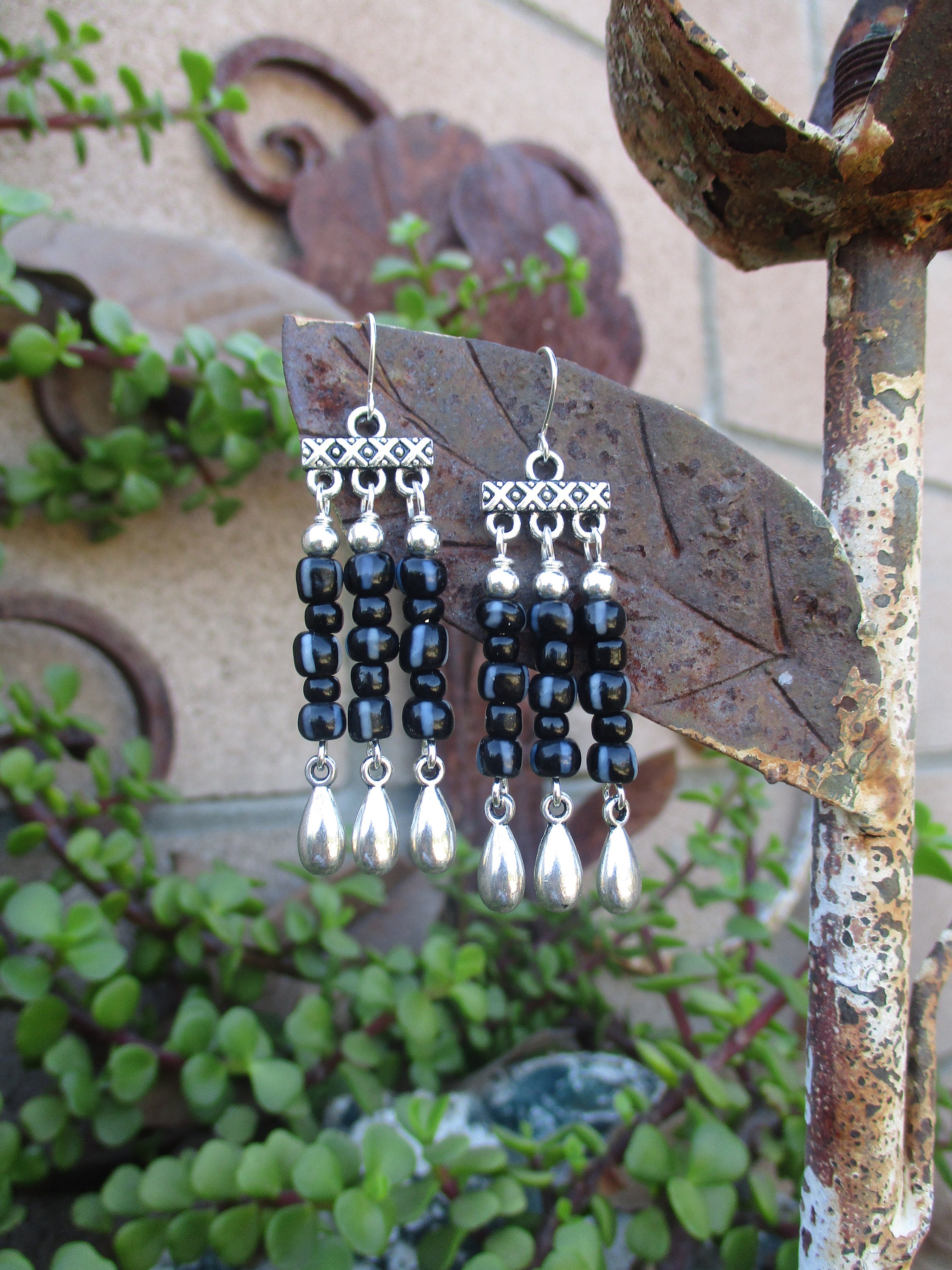 Black and White Trade Bead Chandelier Earrings - Boho Chandelier Earrings - Trade Bead Earrings - Hippie Chandelier Earrings - Boho Earrings