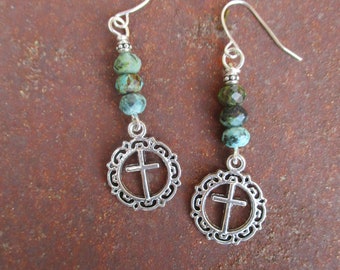 African Turquoise and Silver Tone Cross Charms - Spiritual Earrings - Cross Earrings - Religious Earrings - Turquoise Earrings