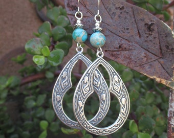 Large Boho Silver Finish Bronze Gypsy Earrings - Teardrop Shaped Hoop Silver Earrings with Cut Out Design - Blue African Opal Earrings