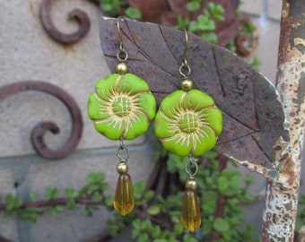 Boho Flower Bead Earrings - Large Czech Glass Flower Earrings - Hippie Flower Earrings - Double Sided Flower Earrings - Chartreuse Earrings