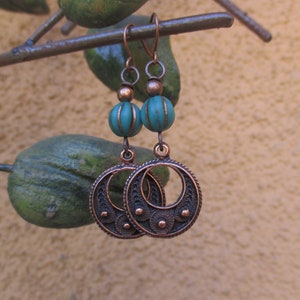 Antique Copper Filigree Hoop Boho Earrings, Melon Czech Beaded Earrings, Hippie Earrings, Bohemian Earrings,  Boho Earrings