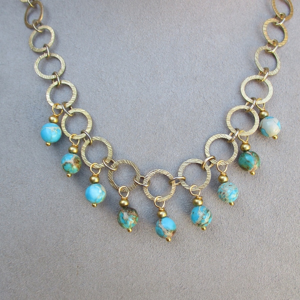 Unique Vintage Chain with Blue African Opal Gemstone Dangles - Vintage chain Choker - Blue African Opal Necklace - Adjustable Necklace