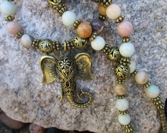 Brass Elephant and Amozonite Necklace