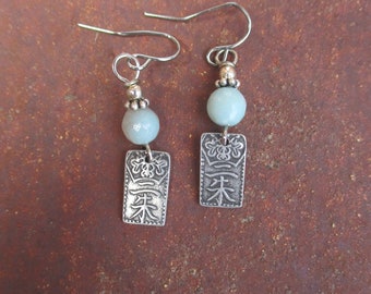 Delicate Jade Earrings with Asian Symbol Small Rectangle Silver Double sided Charms - Hippie Earrings - Asian Earrings - Small Boho Earrings