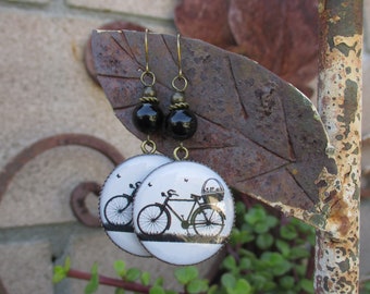 Bicycle Charm Earrings - Bike Charms and Black Onyx Earrings - Resin Bicycle Charm Earrings - Black Onyx and Bicycle Charm Earrings